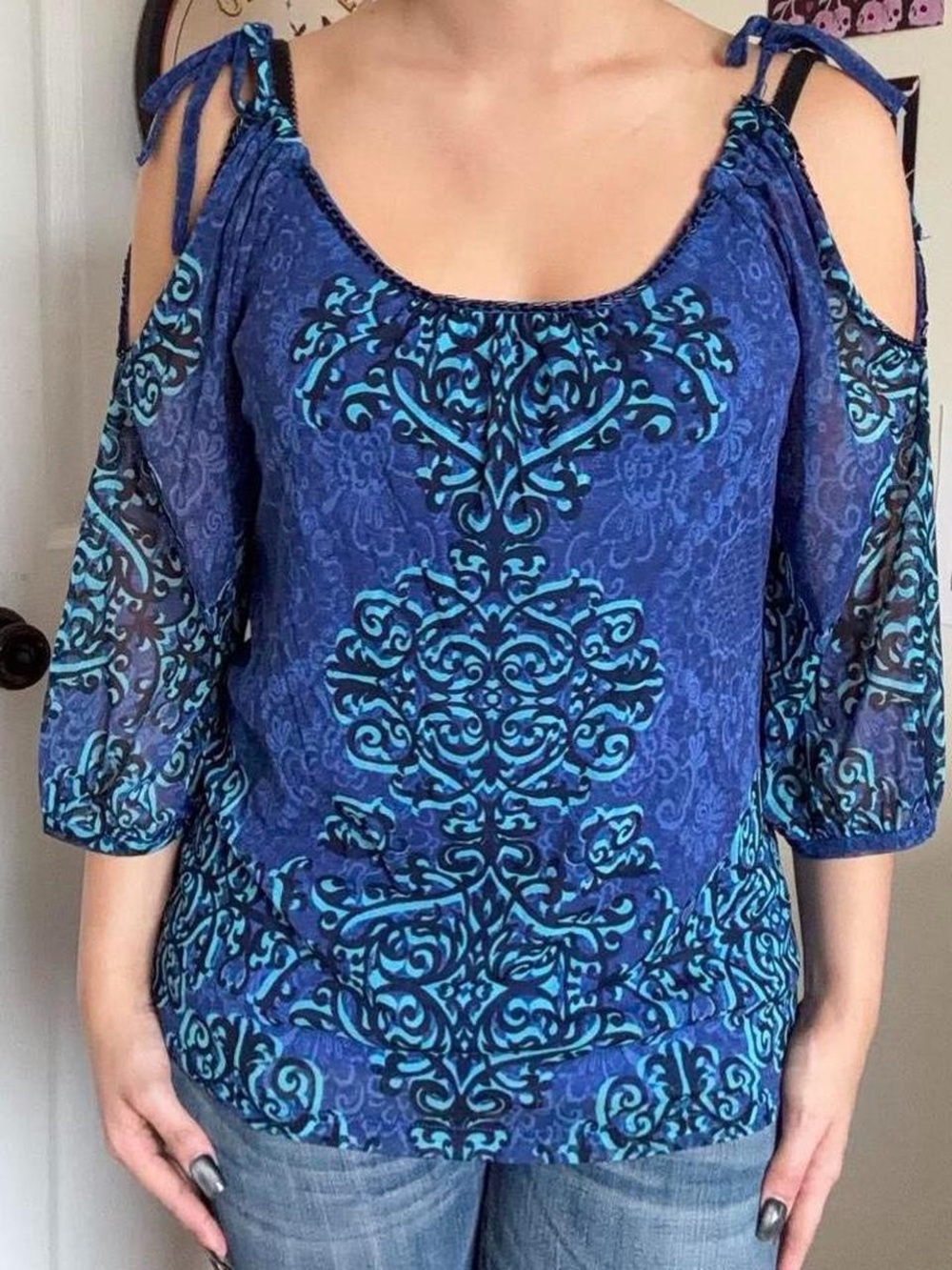 Blue Cold-Shoulder Printed Women's Top
